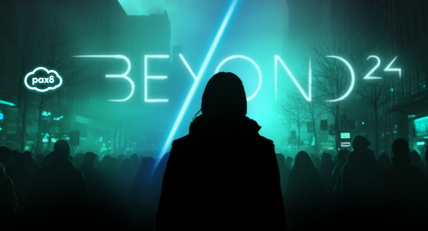 Pax8 Beyond 2024 conference poster. Shows an image of a the back of a person in the center of the image as a silhouette looking into a sea of people serving as what appears more like a music festival crowd. in the top third of the image is the event logo that is affixed with a strobe light white and blue effect and has the text "Pax8 Beyond 24".