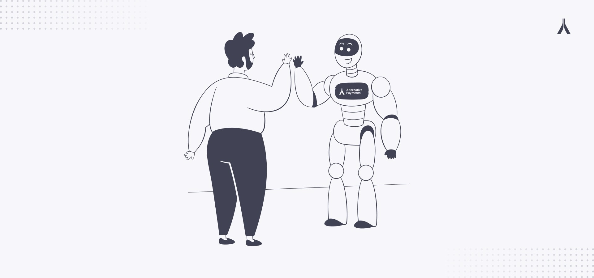 A man waving at his sidekick, an Alternative Payments robot