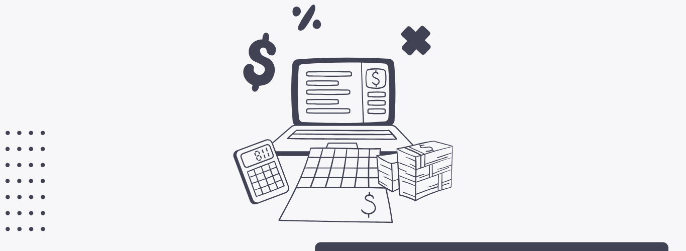 A calculator, calendar, stack of money, and a computer all being used to calculate customer acquisition cost
