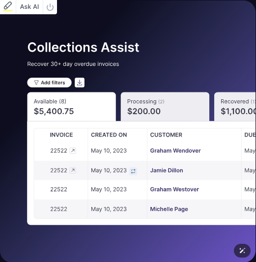 A visual of what the Collections Assist tool looks like with a sample listing of overdue invoices.