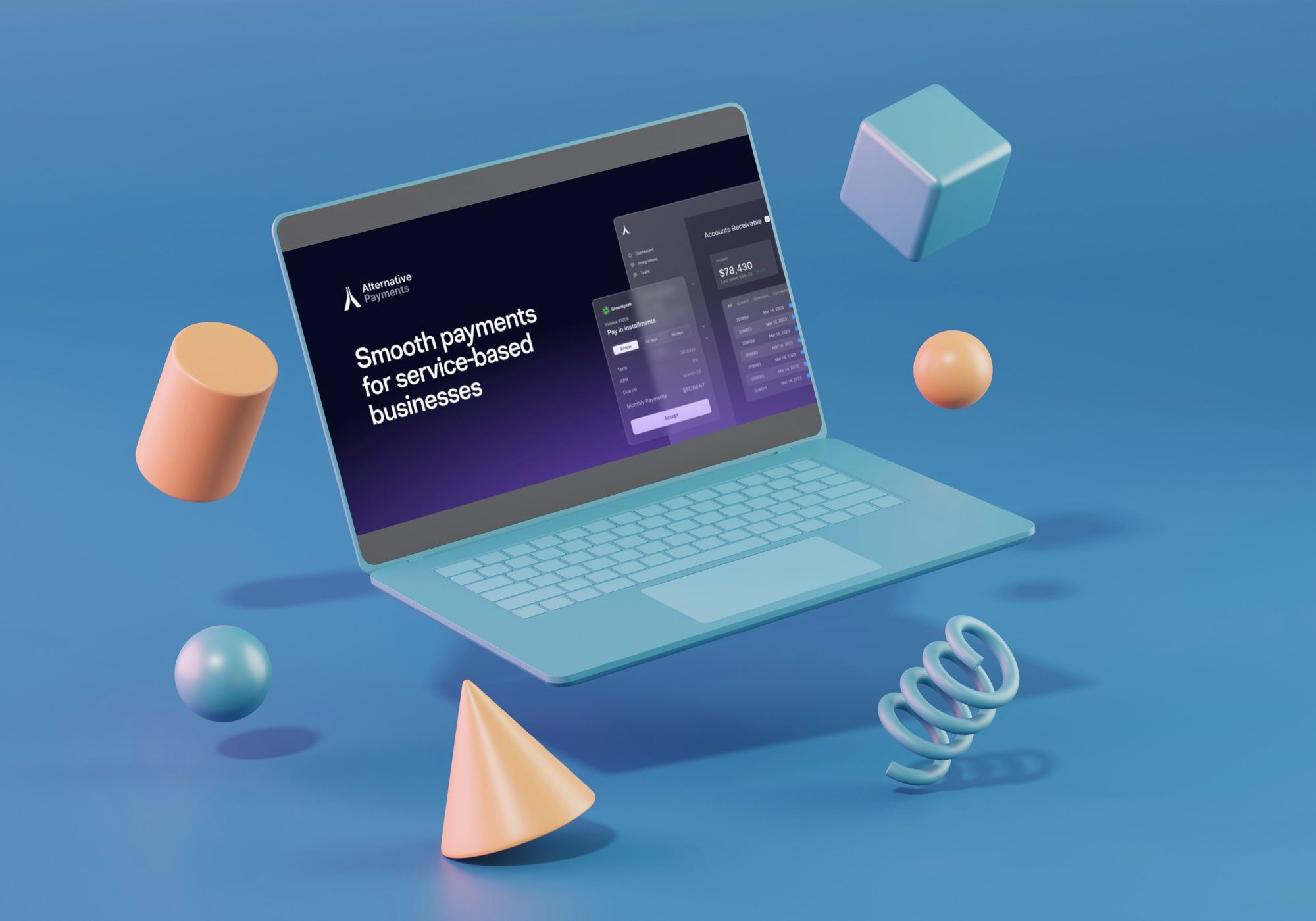 A 3D digital rendering of a laptop computer accompanied by different 3D accents and shapes. On the computer itself is the homepage for the Alternative Payments website.
