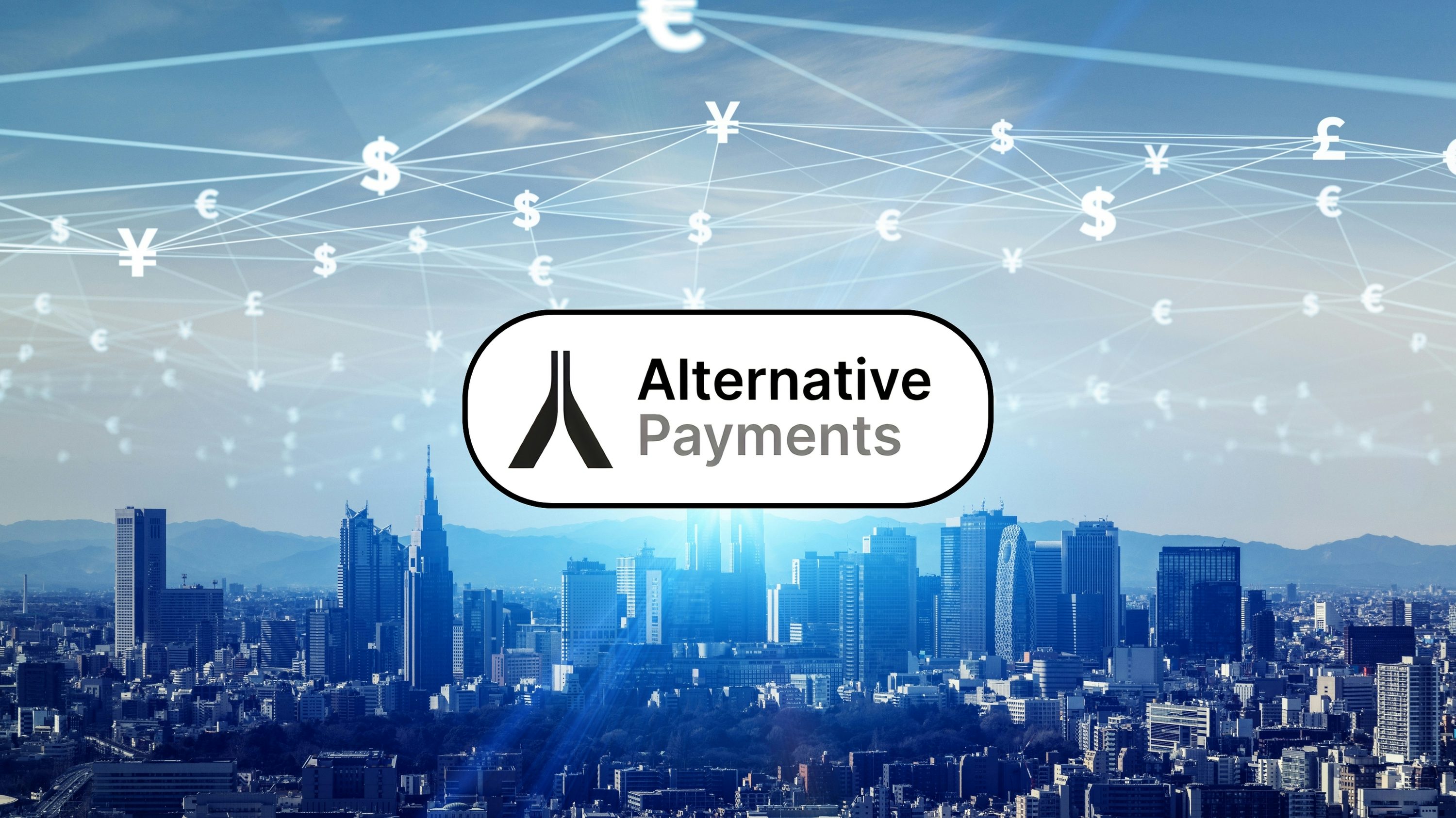 The Alternative Guide To Accounting Terms by Alternative Payments. Digital network of currency symbols over a city skyline with the logo of Alternative Payments in the center of the image, protruding out from a beam of light. The imagery is evoking a paradigm of enlightenment that can be interpreted as being achievable through Alternative Payments with how it's where the light is sourced from.