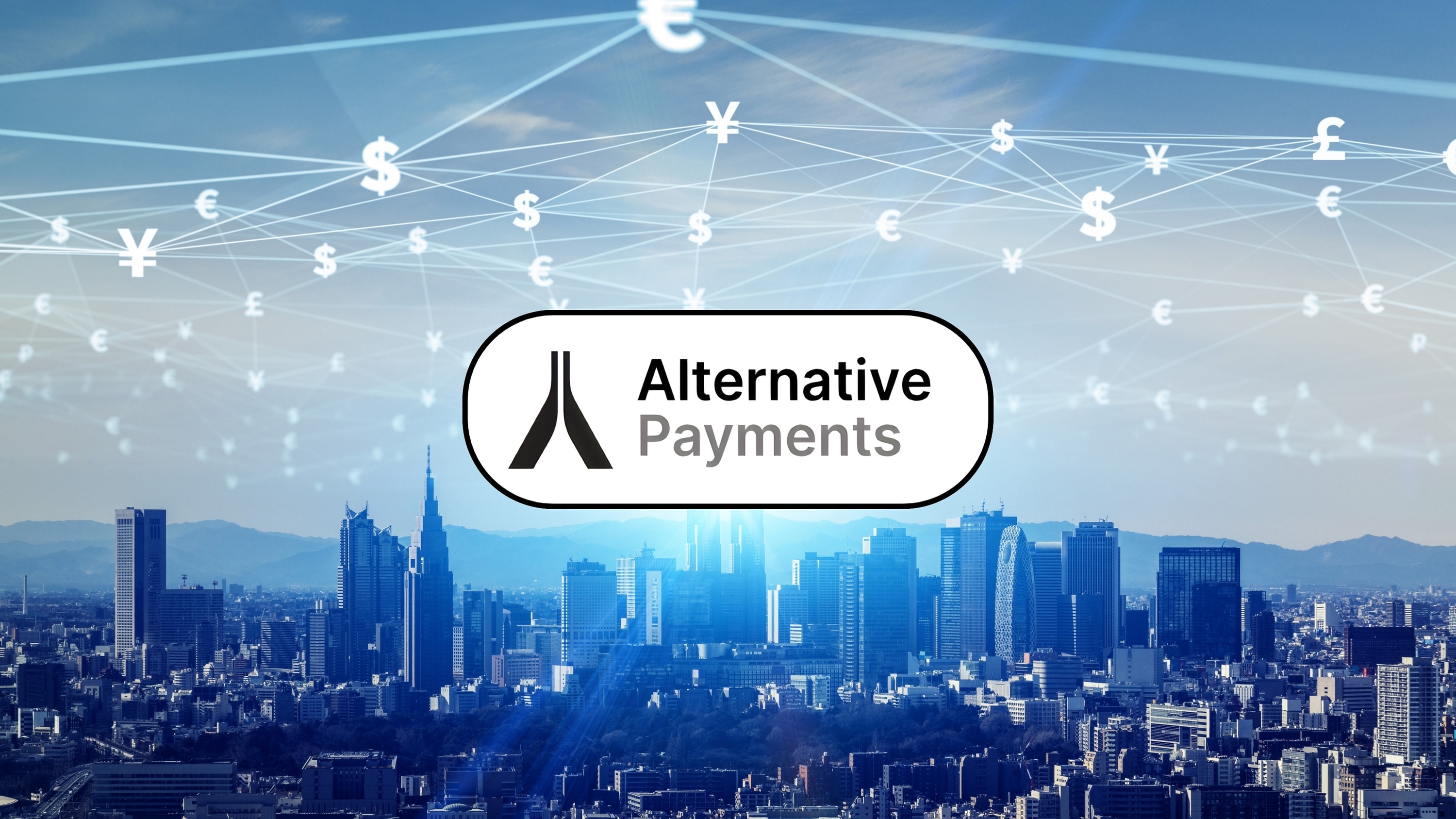 The Alternative Guide To Accounting Terms by Alternative Payments. Digital network of currency symbols over a city skyline with the logo of Alternative Payments in the center of the image, protruding out from a beam of light. The imagery is evoking a paradigm of enlightenment that can be interpreted as being achievable through Alternative Payments with how it's where the light is sourced from.