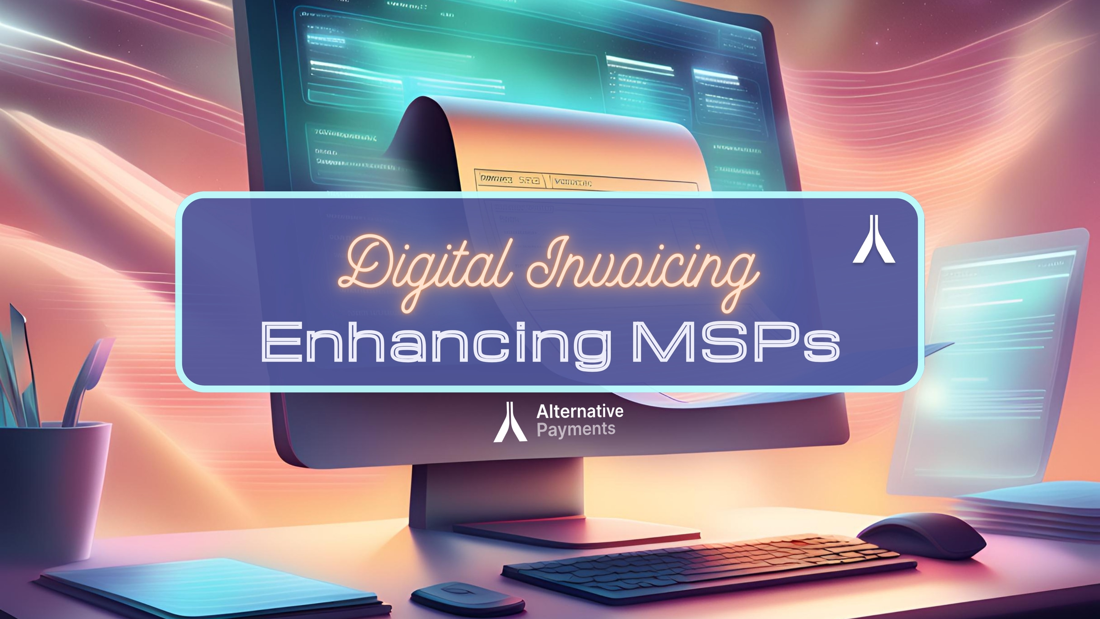 A digitally-inspired image showing a paper invoice being inserted into a computer screen and transforming it into a powerful and enhanced futuristic interface, symbolizing the concept of digitized a electronic invoice as opposed to analog paper invoices.