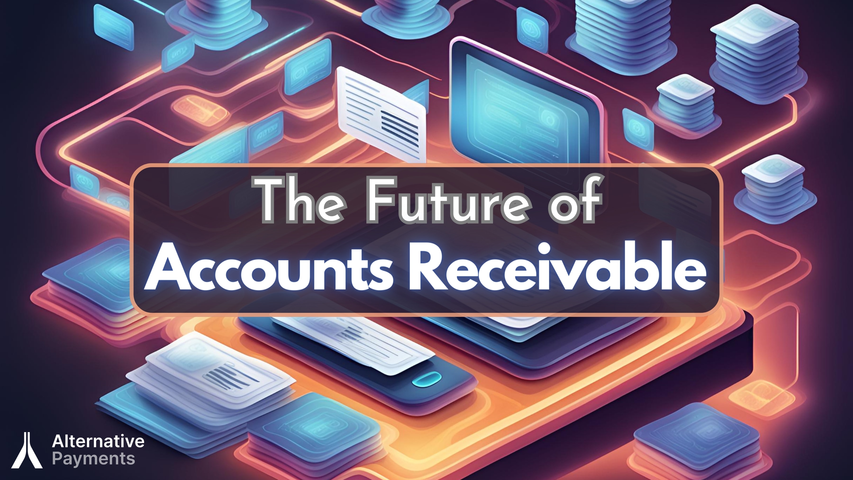 An illustration depicting a seamless, automated AR process with invoices and payments flowing effortlessly, symbolizing the efficiency and effectiveness of AR automation software for MSPs. The center of the image features the first part of the title “The Future of” in white lettering outlined in purple and the second part, “Accounts Receivable” in bold soft edge off-white glowing neon lettering, which is both overlaid on top of a circular rectangle dark background and mildly transparent, which is also outlined in gold. The Alternative Payments logo, in white and grey lettering, is in the bottom left corner.