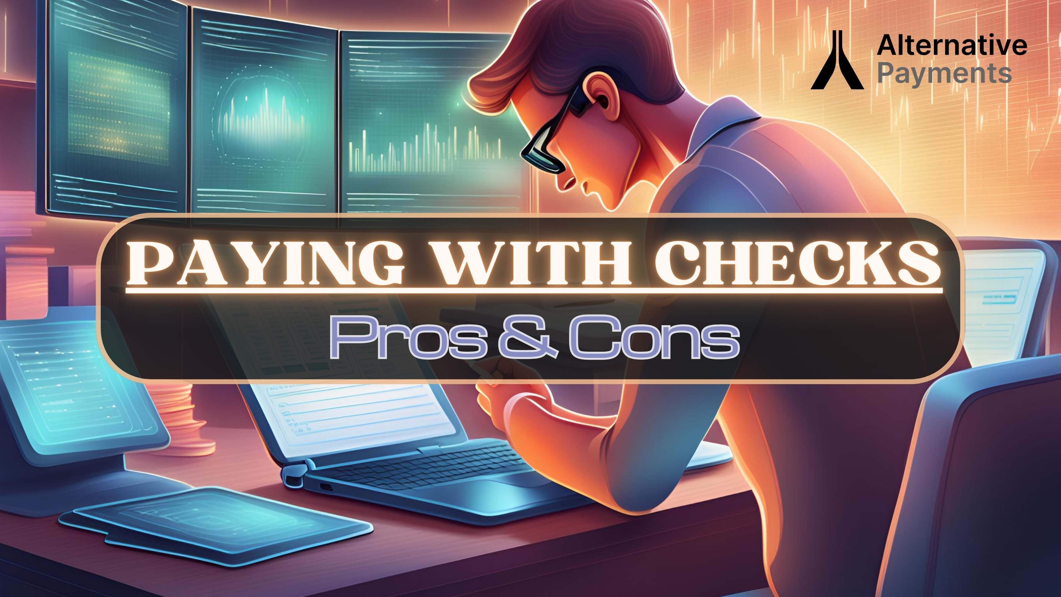 A stressed employee is seen paying with checks instead of digital methods on a desk with charts, graphs, and a laptop, symbolizing secure and flexible accounts receivable solutions. The center features “Paying with Checks” in faint yellow all-caps letters with a neon effect and the second part, “Pros & Cons” in thin purple letters outlined in white, both overlaid on a circular rectangular translucent black background, outlined in gold. The Alternative Payments logo is in black and grey lettering and sits in the top right corner.